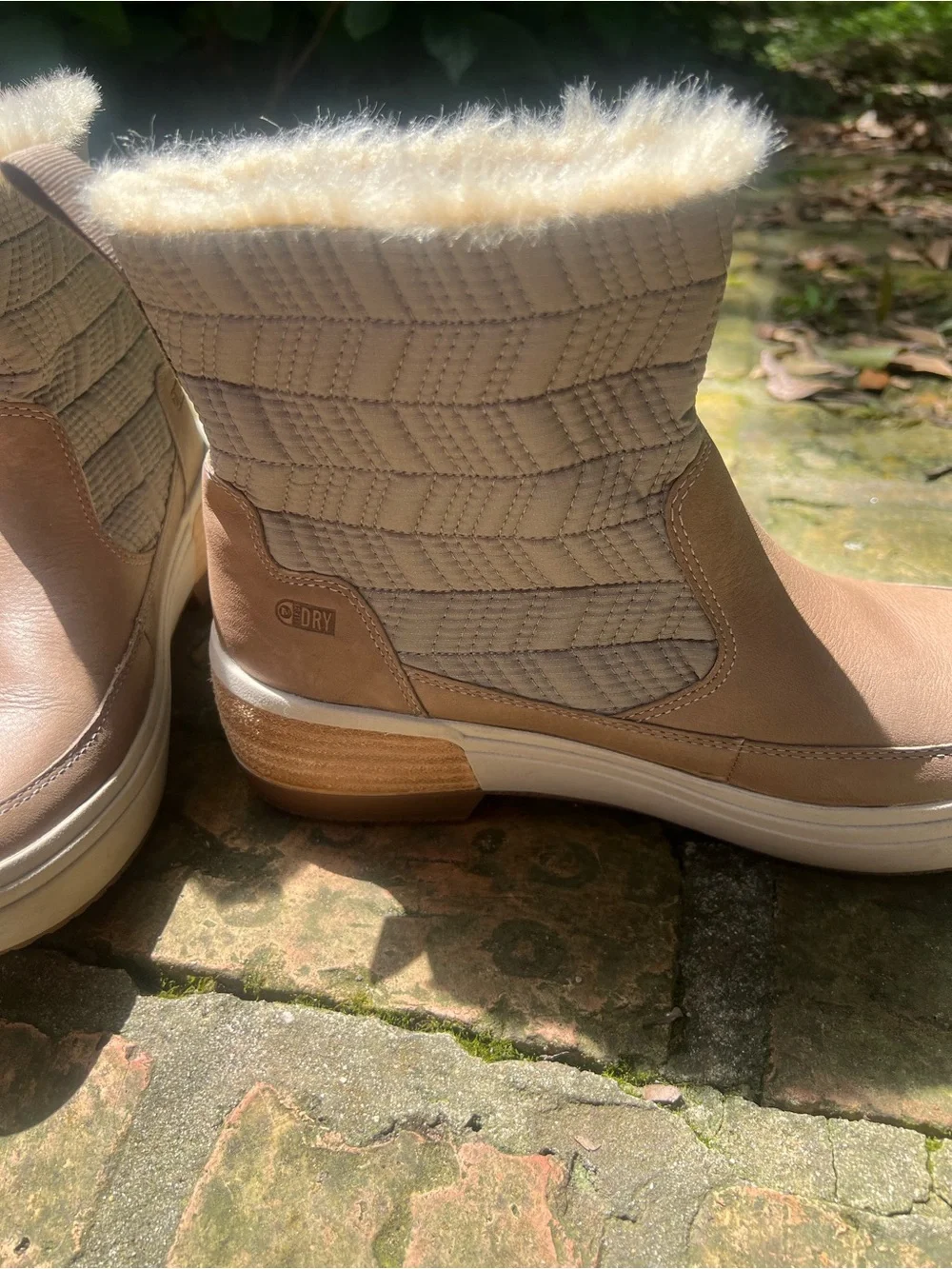 Merrell Taupe Leather & Quilted Ankle Winter Boots with Faux Fur Cuff